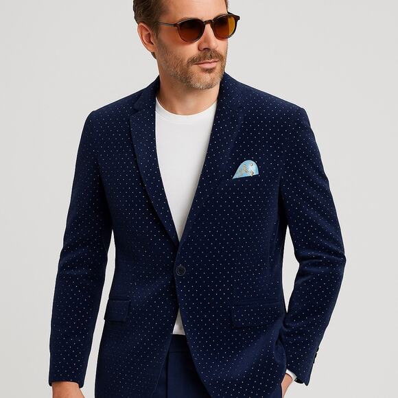 Samuel Windsor Navy Blue Suit Jacket Blazer Velvet Polka Dots 48 Quirky Fun - Picture 1 of 8